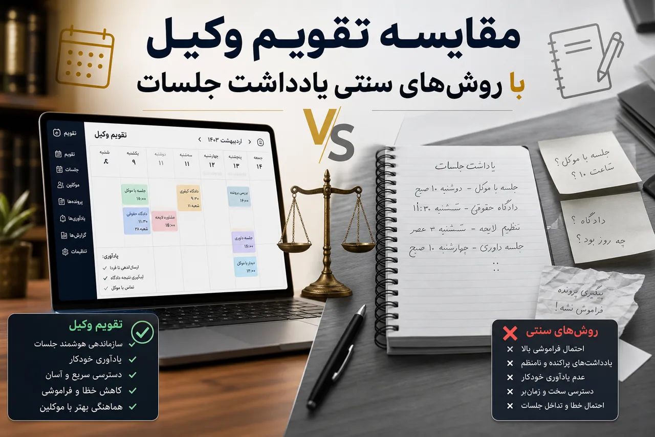 تصویر شاخص مقایسه تقویم وکیل با روش‌های سنتی